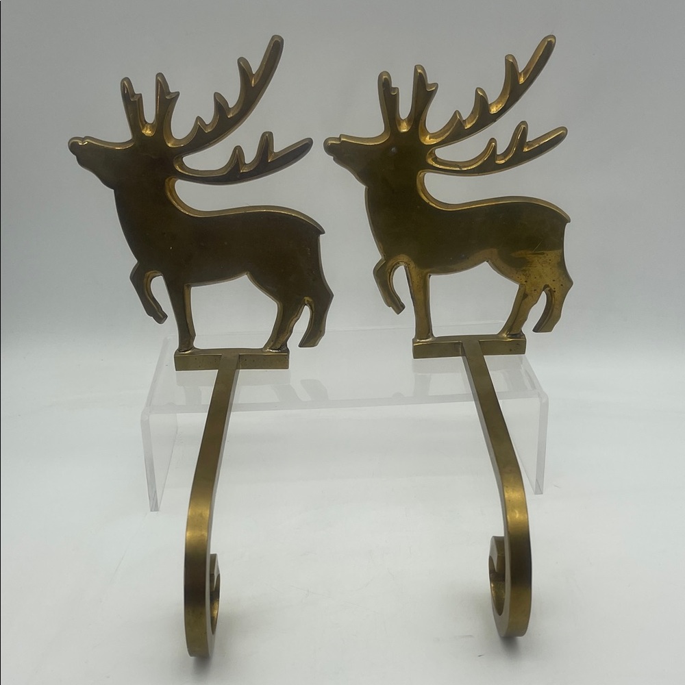 2 Vintage Solid Brass Reindeer Stocking Holders Christmas Mantel Deer Holiday